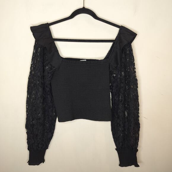 Express Lace Sleeve Smocked Top Balloon Sleeve Ruffled - Picture 1 of 10